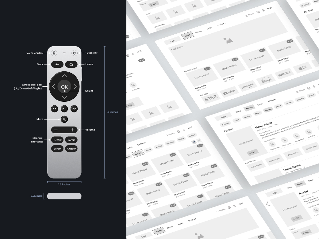 Smart TV app remote control and wireframes